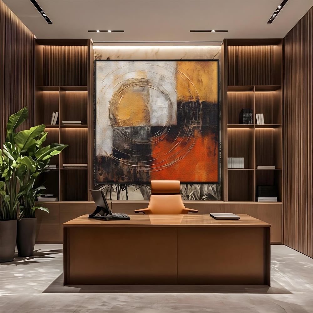 Tablou canvas cu pictura abstracta cu cercuri suprapuse, in rama de aluminiu negru, pe perete intr-un birou